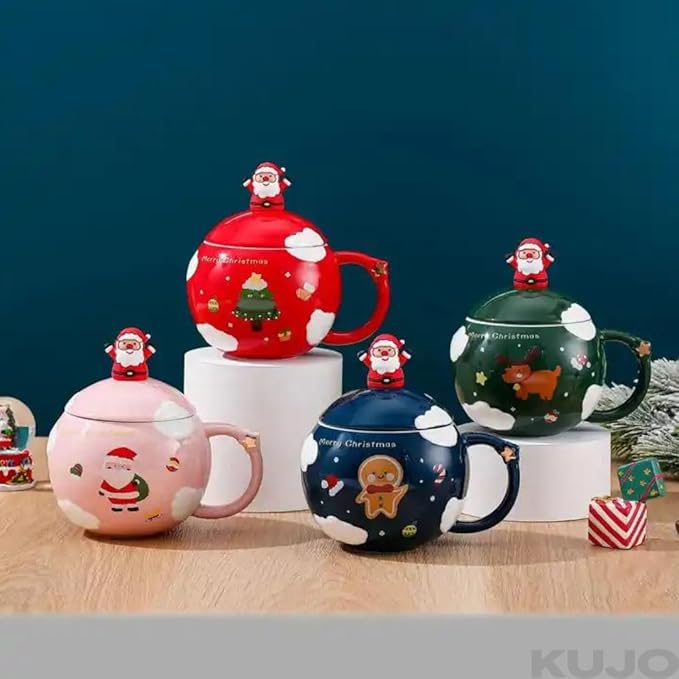 Cute Christmas Mug With Lid And Spoon,  Mug For Coffee, Tea And Milk, Mug Gift Red 450ml/15oz