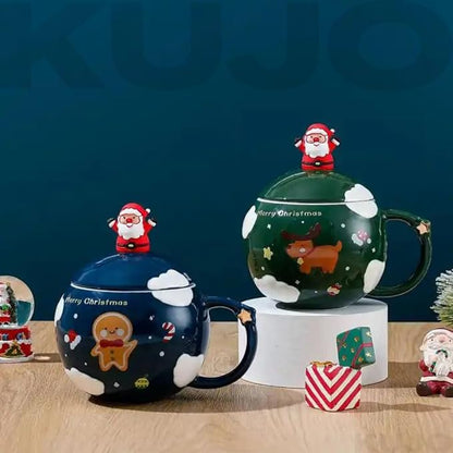 Cute Christmas Mug With Lid And Spoon,  Mug For Coffee, Tea And Milk, Mug Gift Red 450ml/15oz