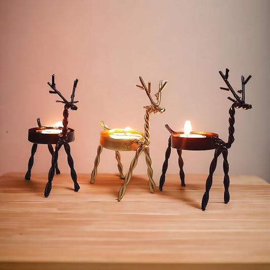 Metal 2 Black and 1 Gold Deer Tea Light Holder with Metallic Shade(L*B*H - 5CM*5CM*14.50CM) Decorative Tea Light with Beautiful Luster Reflection/Decorative & Gifting