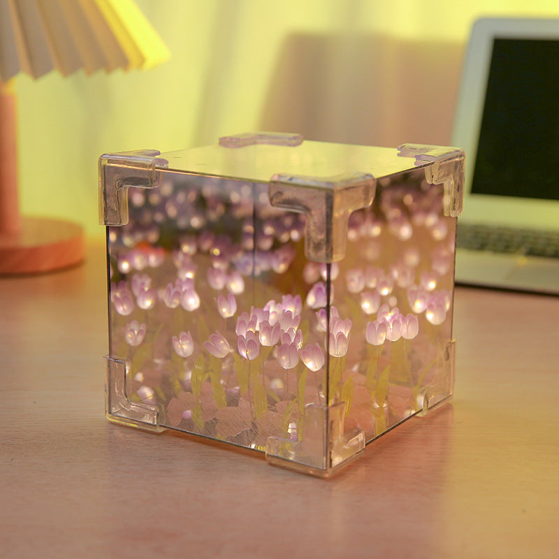 DIY Tulip Cube Mirror Night Lamp work table