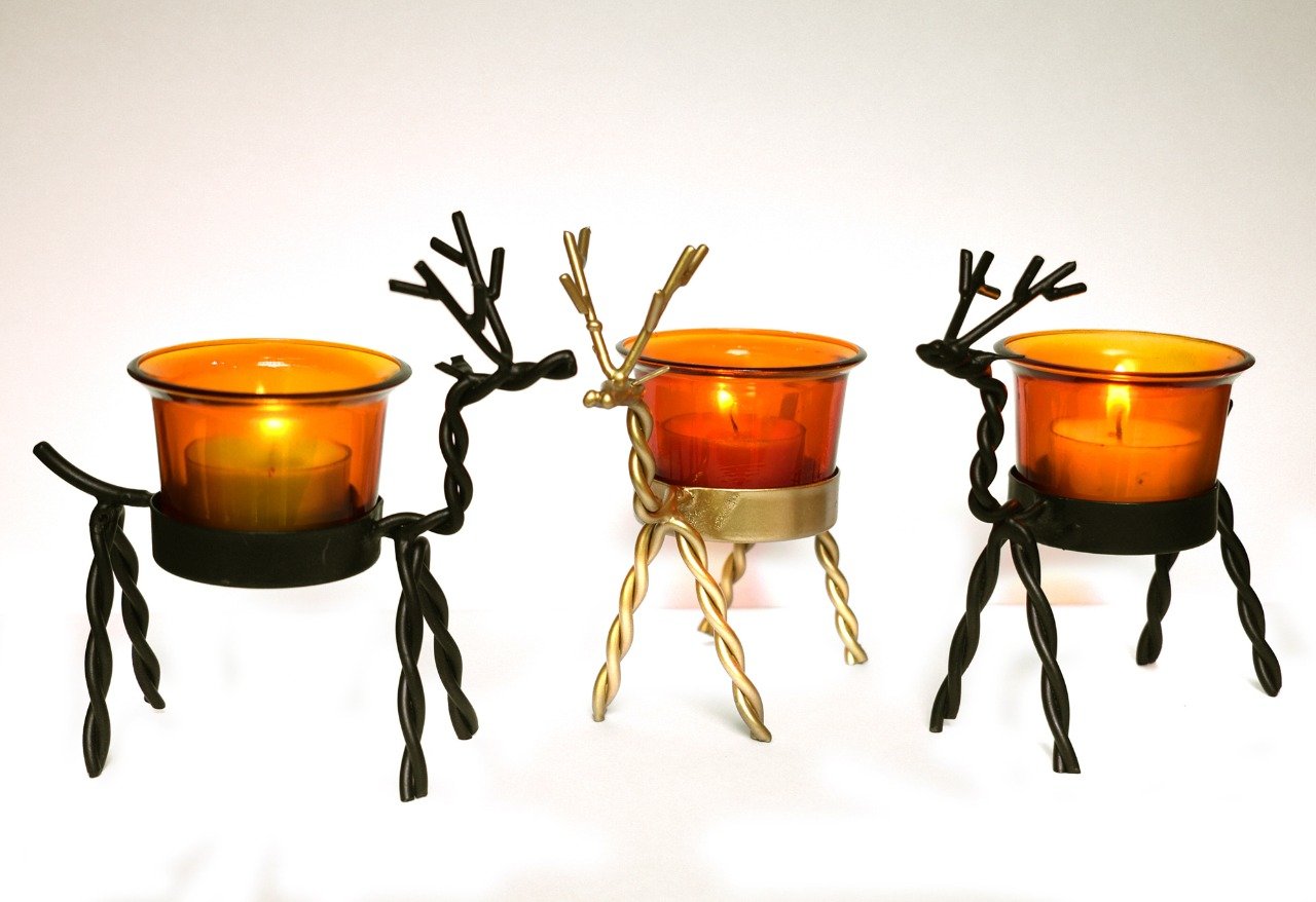 Metal 2 Black and 1 Gold Deer Tea Light Holder with Metallic Shade(L*B*H - 5CM*5CM*14.50CM) Decorative Tea Light with Beautiful Luster Reflection/Decorative & Gifting