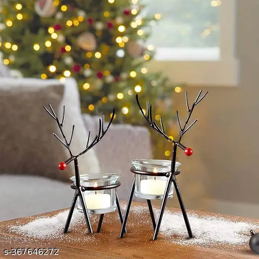 Set of 2 Christmas Reindeer Tealight Candle Holders with Glass Holders - Christmas Decorations Items for Home Table Decoration Indoor Outdoor (Iron) - Christmas Decor - Christmas Gifts